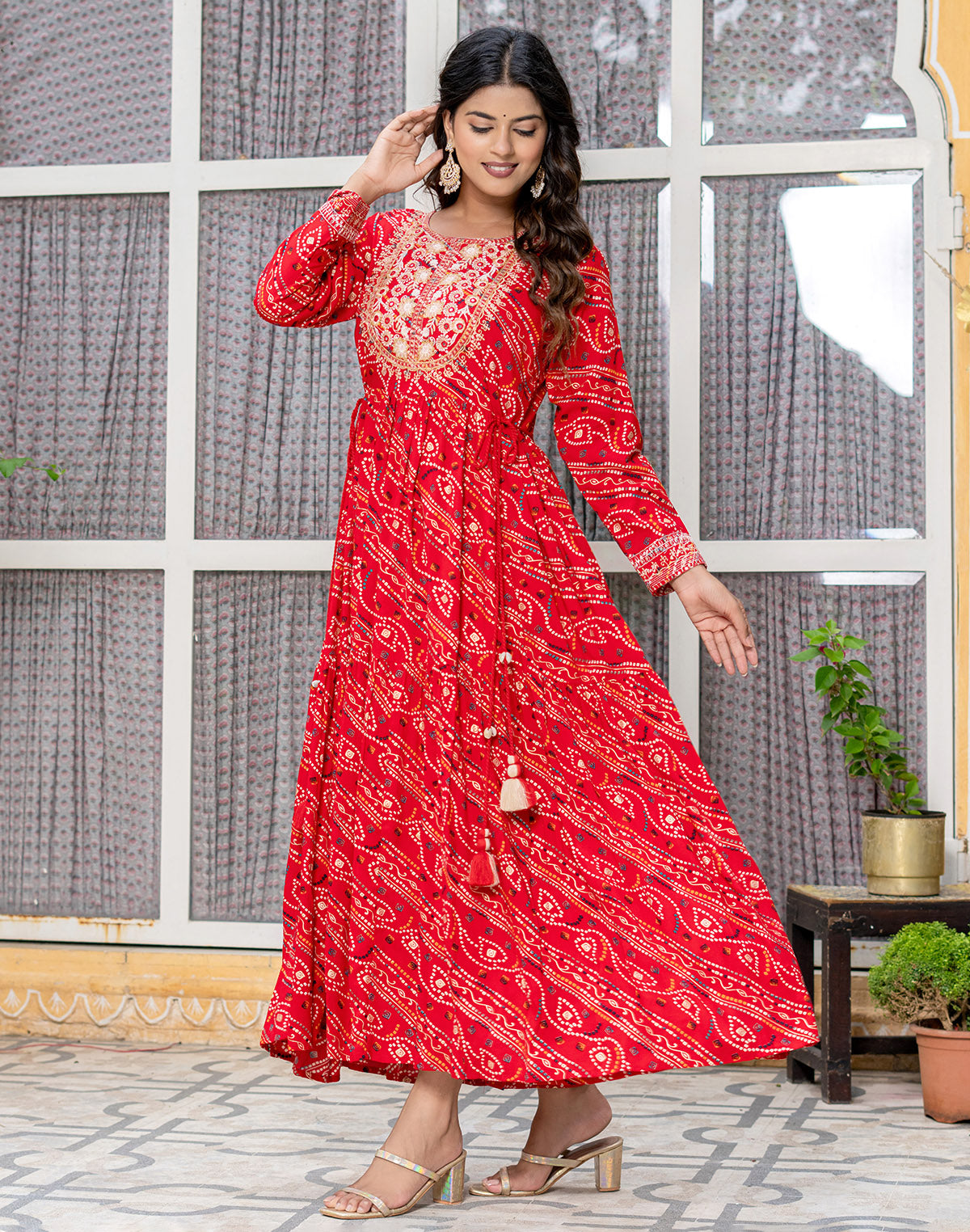 Red Coloured Bandhini Print Stylish Rayon Kurti