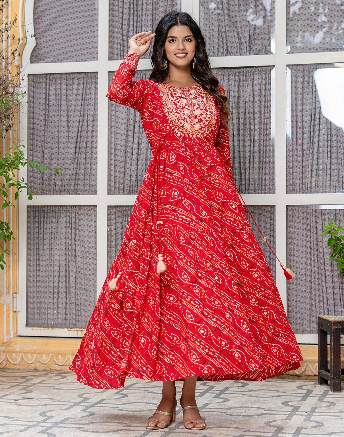 Red Coloured Bandhini Print Stylish Rayon Kurti