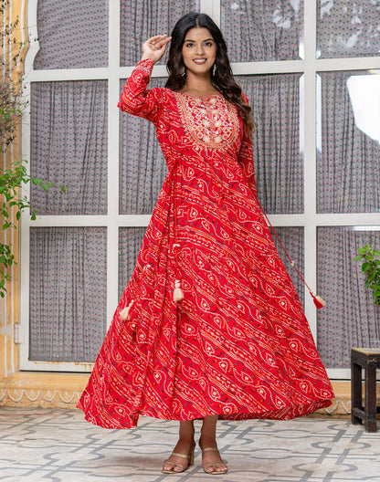 Red Coloured Bandhini Print Stylish Rayon Kurti