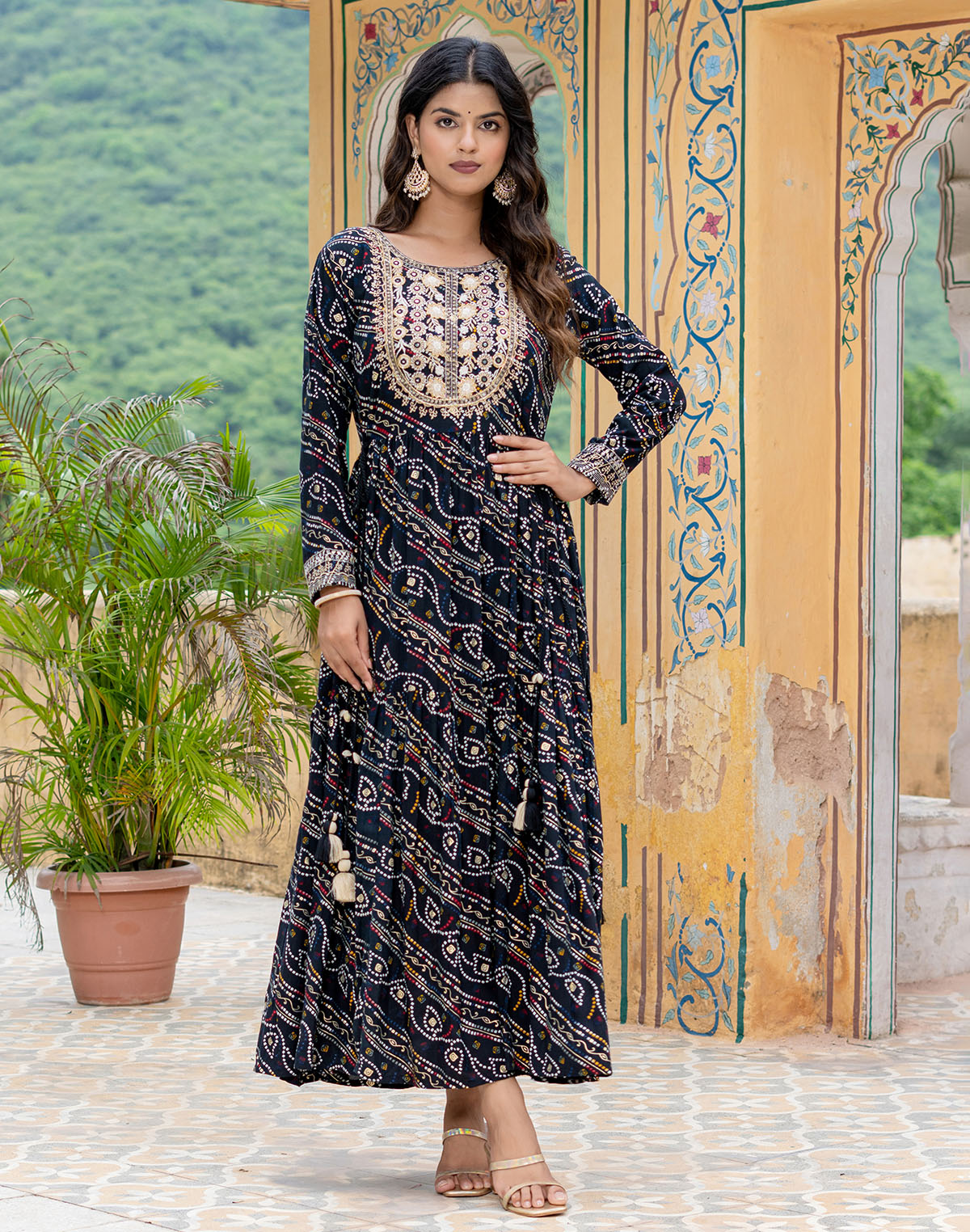 Black Fully Flared Rayon Party Wear Kurti