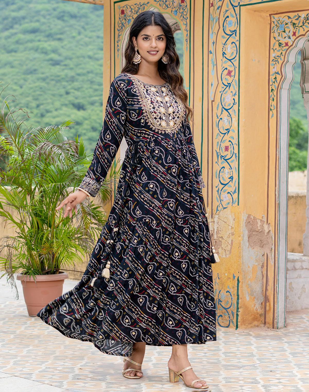 Black Fully Flared Rayon Party Wear Kurti