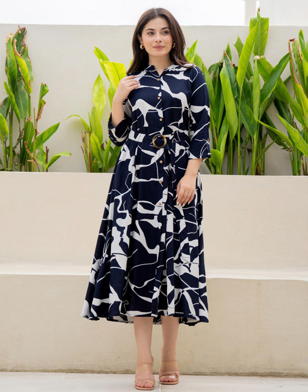 Navy Blue Rayon Peonies Print Casual Wear Dress With Belt