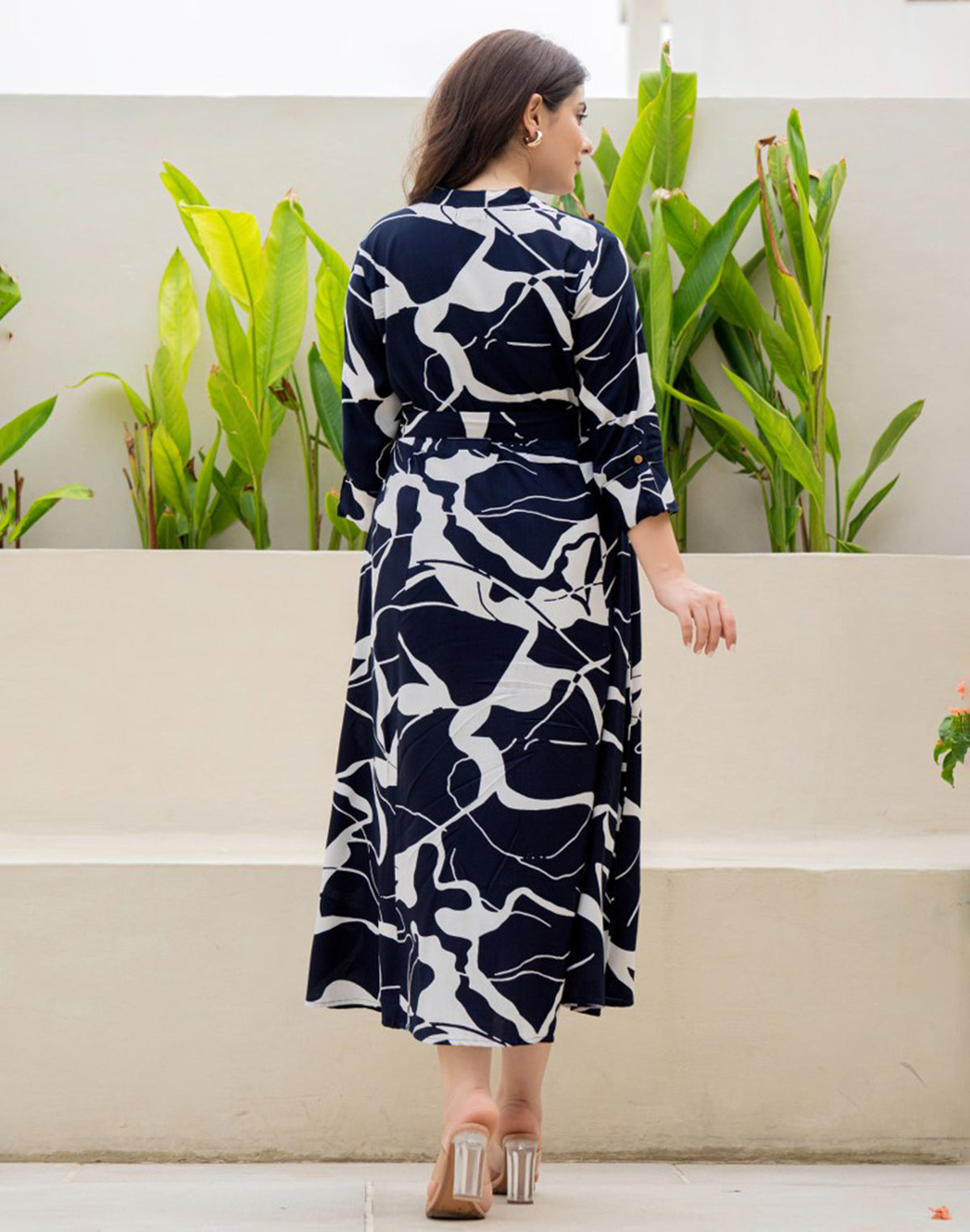 Navy Blue Rayon Peonies Print Casual Wear Dress With Belt