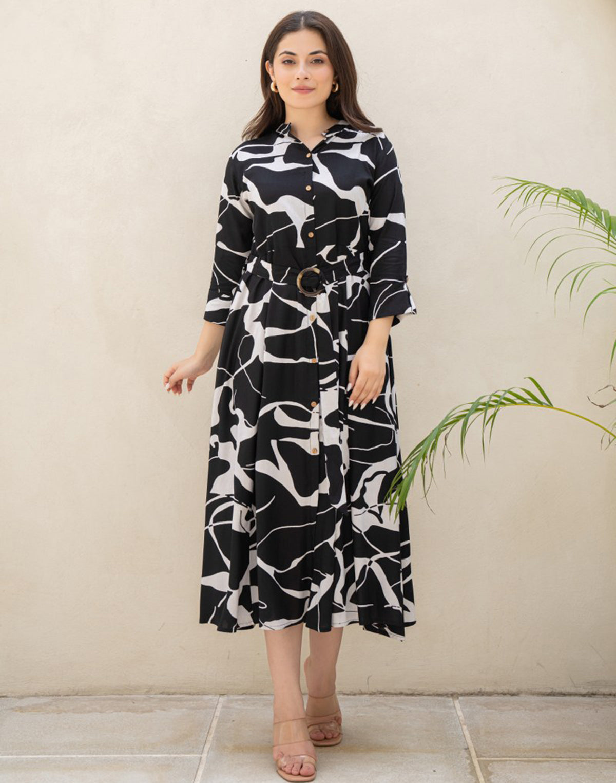 Black Coloured Rayon Peonies Print Dress With Belt