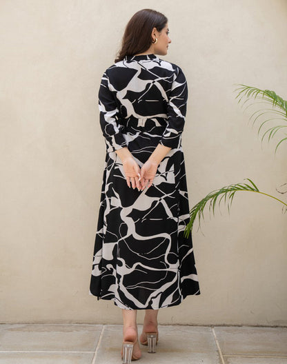 Black Coloured Rayon Peonies Print Dress With Belt