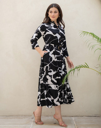 Black Coloured Rayon Peonies Print Dress With Belt