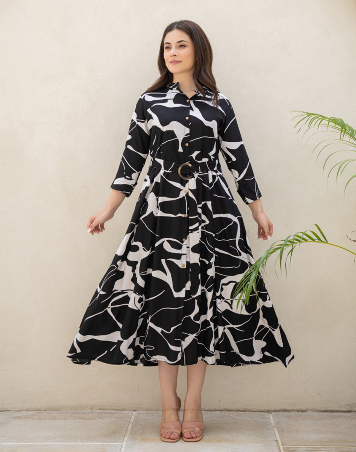 Black Coloured Rayon Peonies Print Dress With Belt