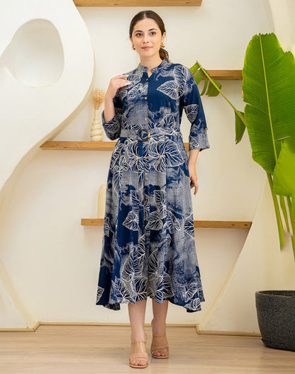 Navy Blue Botanical Print Cotton Silk Kurti With Belt