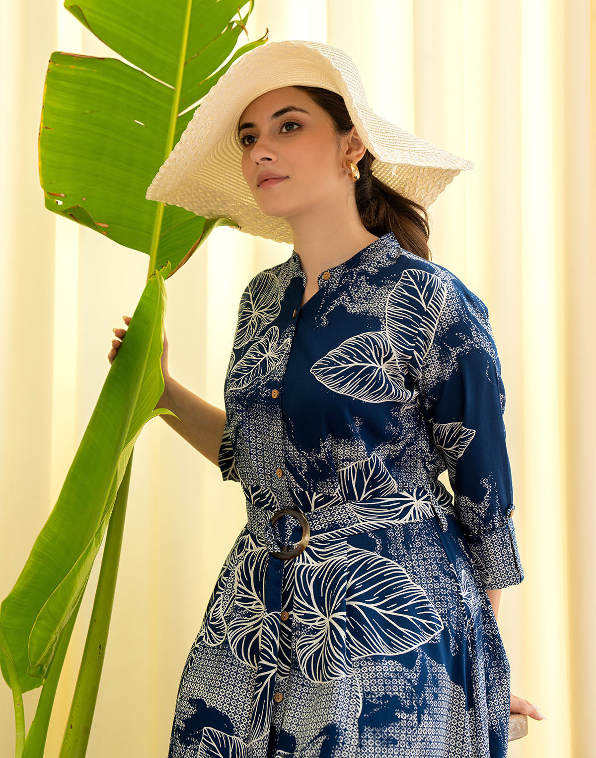 Navy Blue Botanical Print Cotton Silk Kurti With Belt