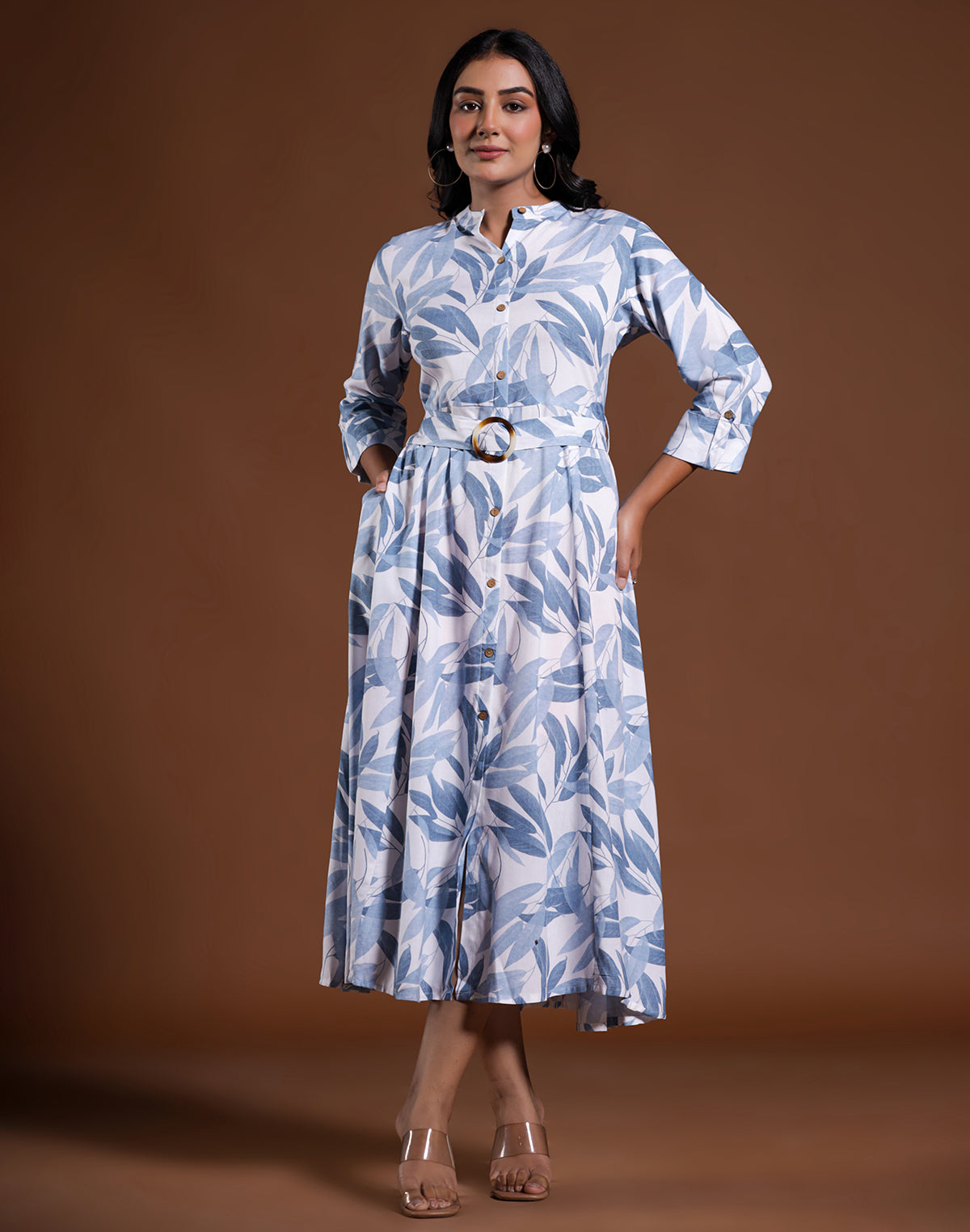 Light Blue Cotton Silk Botanical Print Kurti With Belt