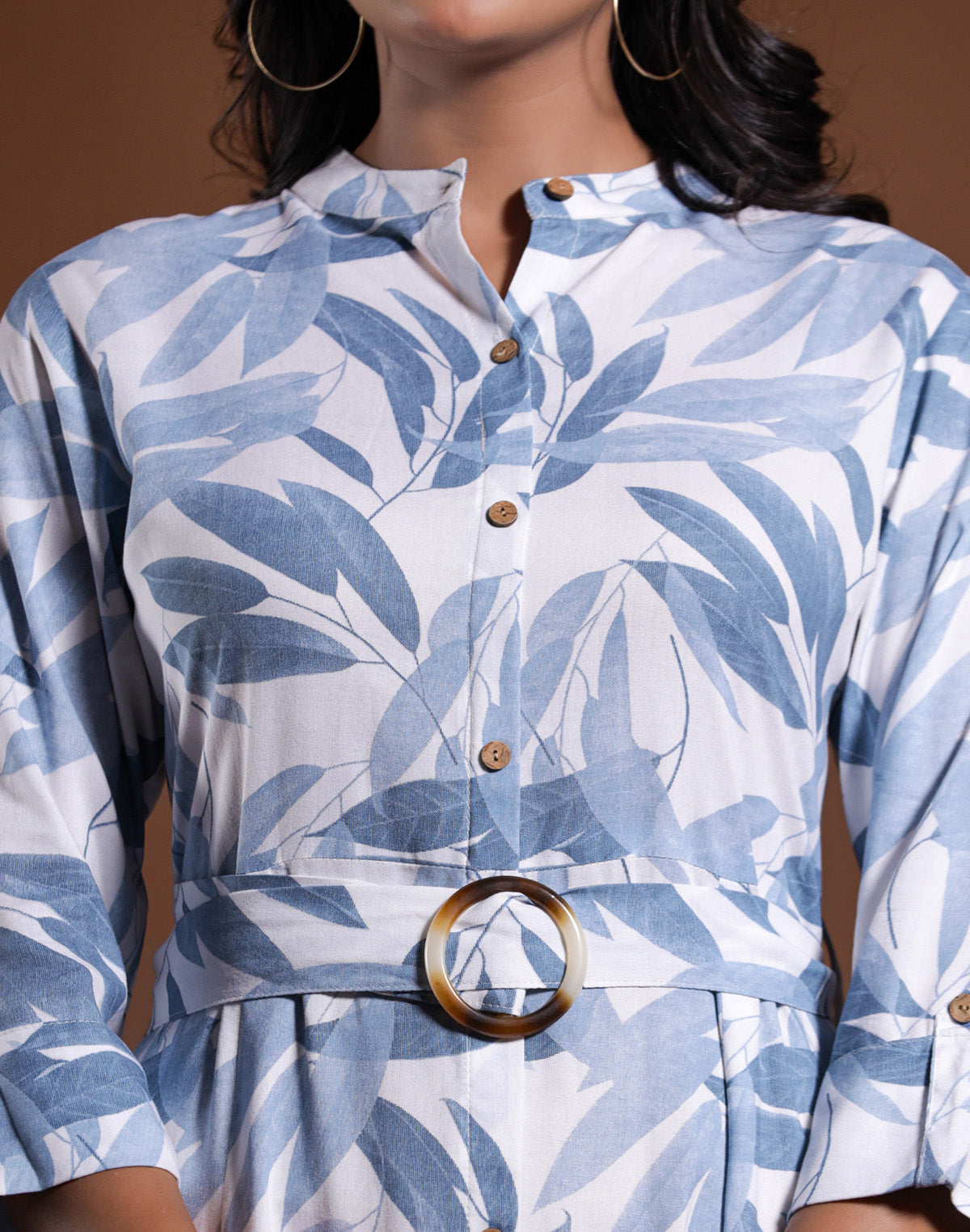 Light Blue Cotton Silk Botanical Print Kurti With Belt