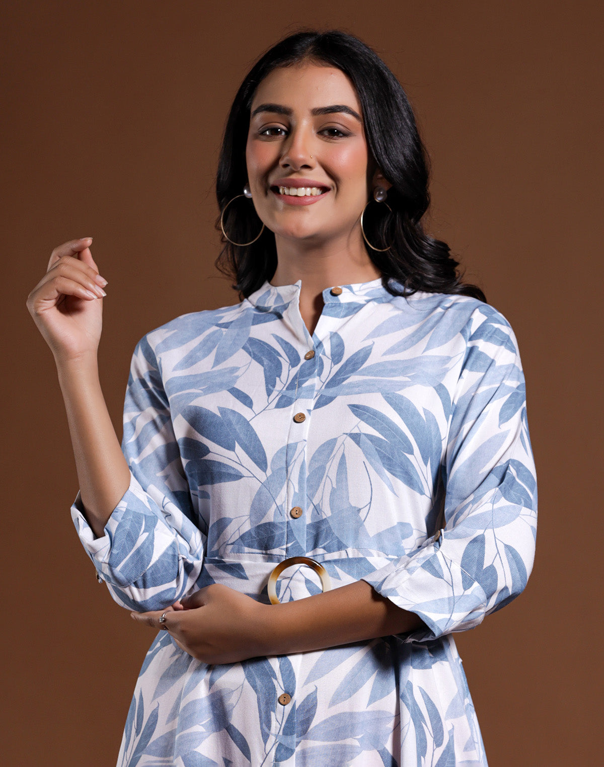 Light Blue Cotton Silk Botanical Print Kurti With Belt