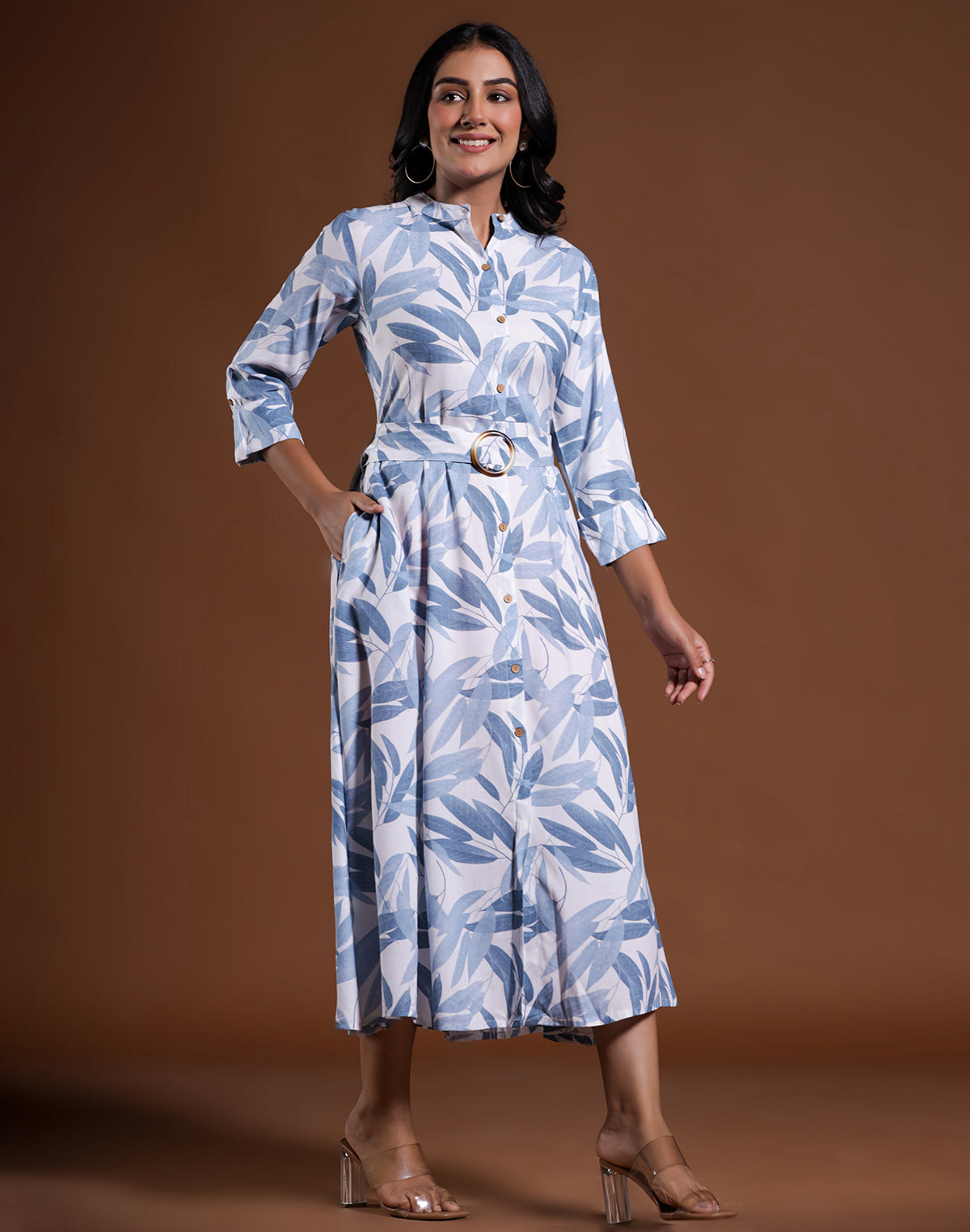 Light Blue Cotton Silk Botanical Print Kurti With Belt