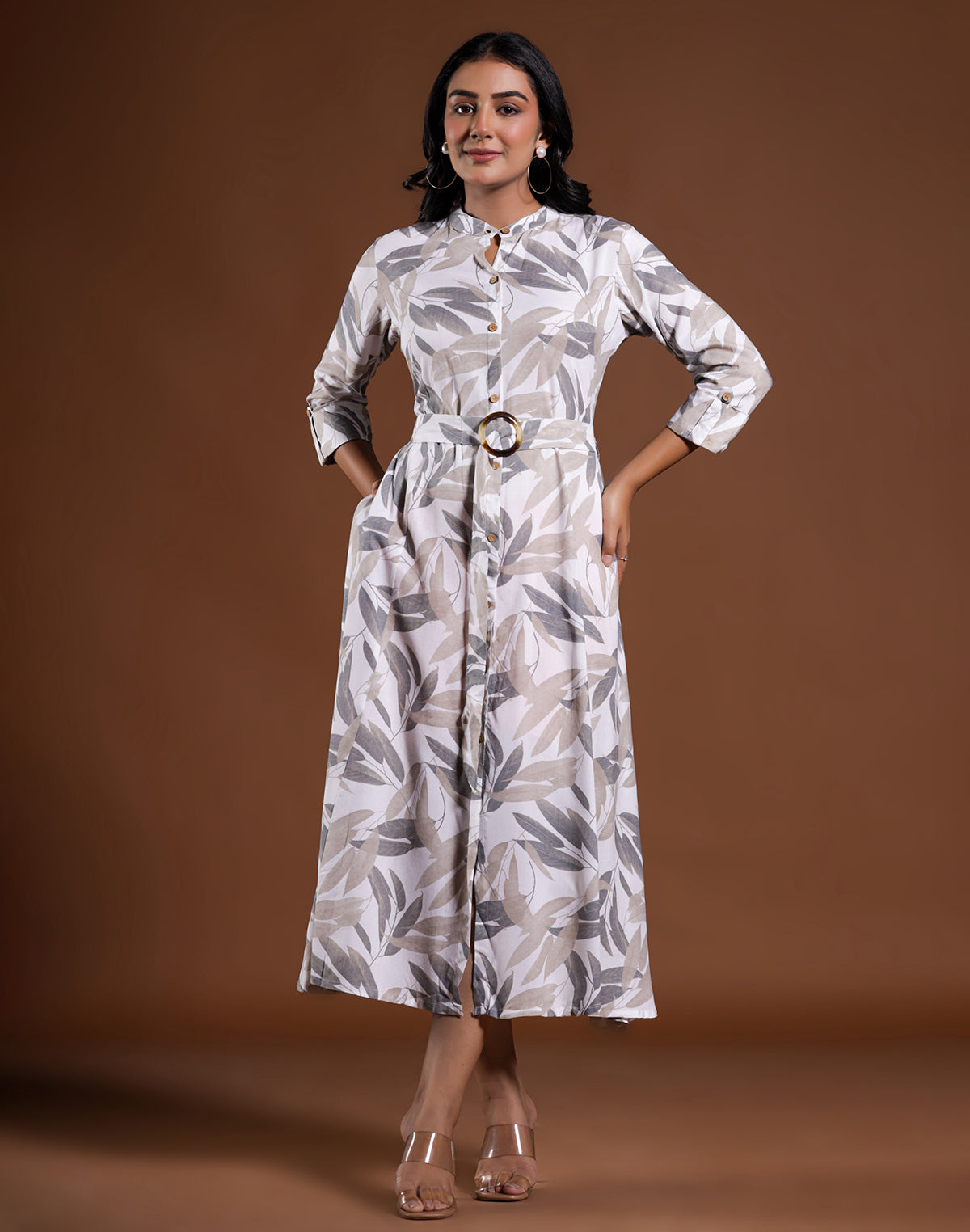 Cream All Over Botanical Print Cotton Silk Dress With Belt