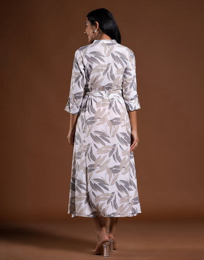 Cream All Over Botanical Print Cotton Silk Dress With Belt