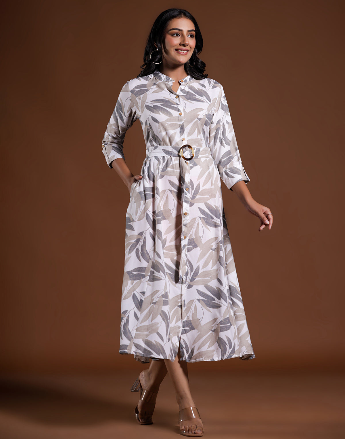 Cream All Over Botanical Print Cotton Silk Dress With Belt