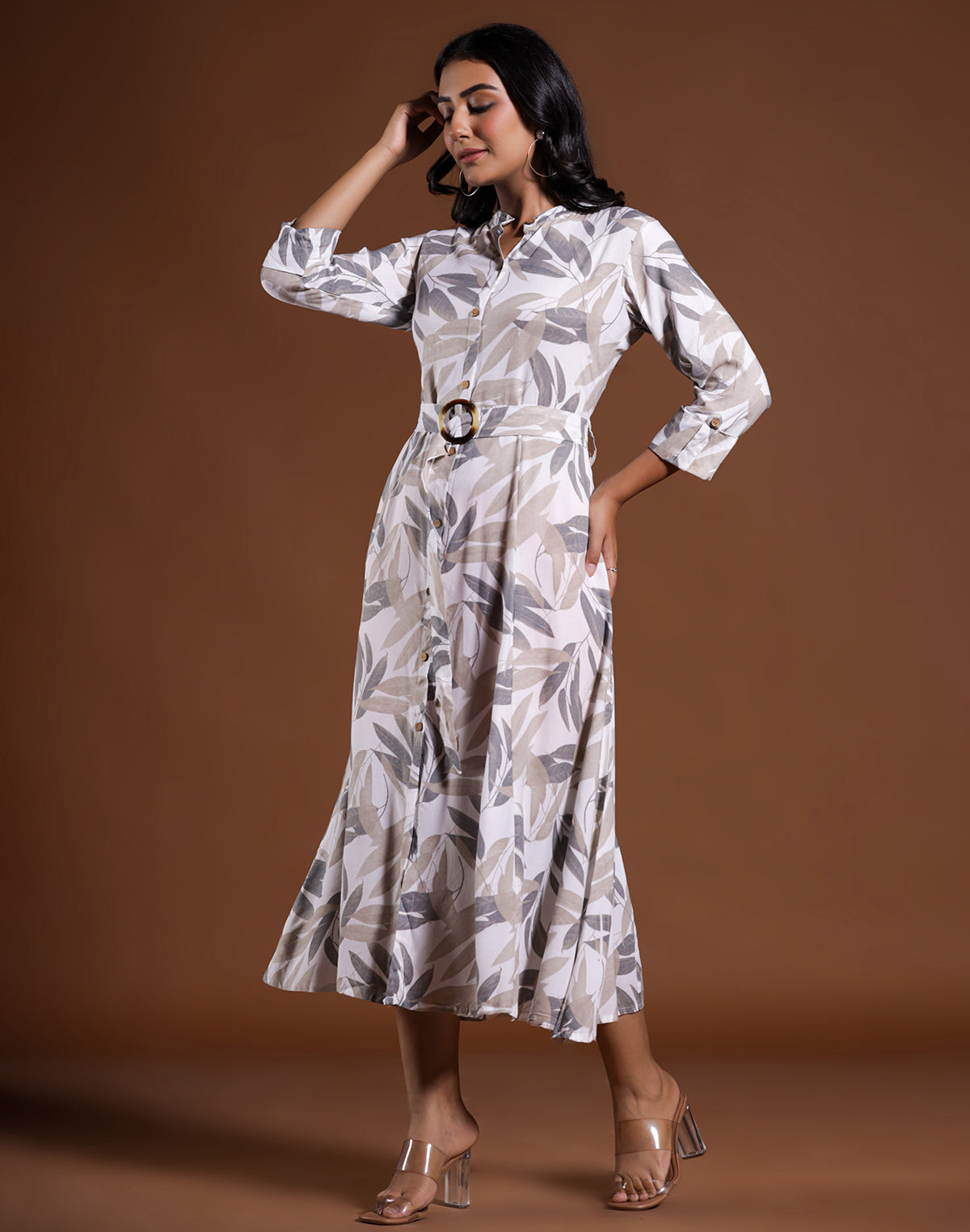 Cream All Over Botanical Print Cotton Silk Dress With Belt