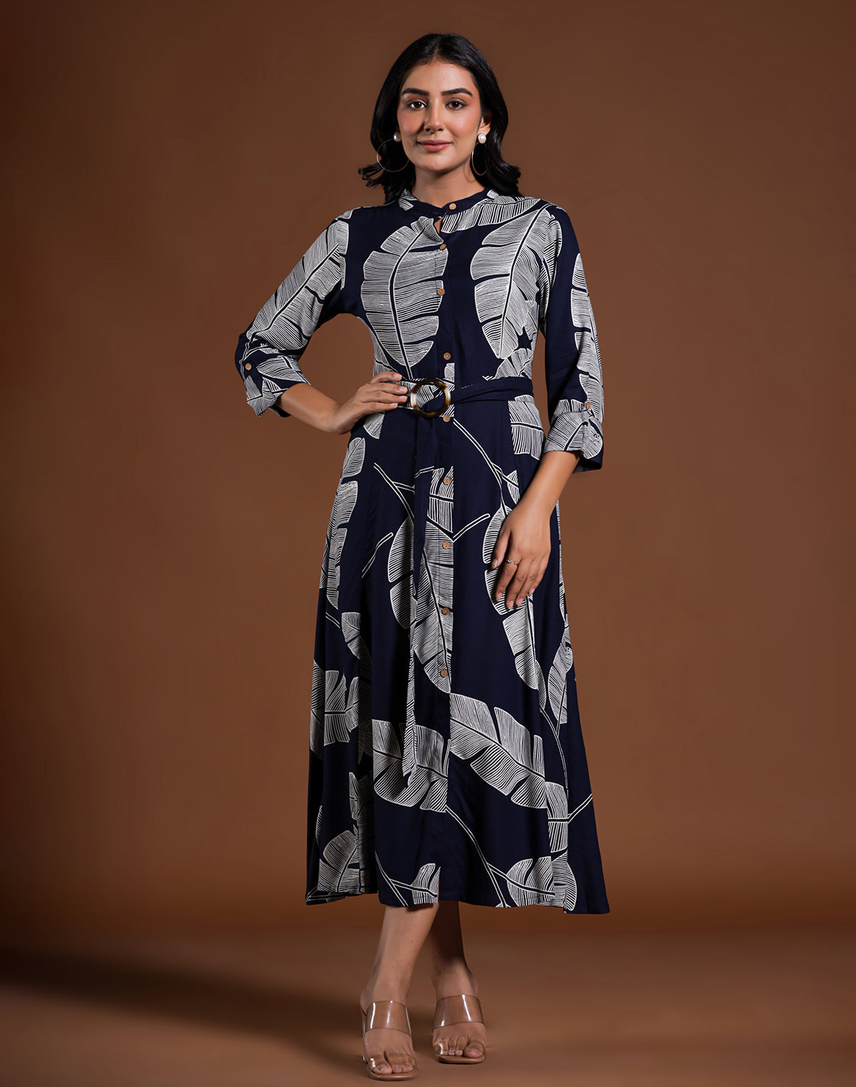 Navy Blue Cotton Silk Peonies Print Kurti With Belt