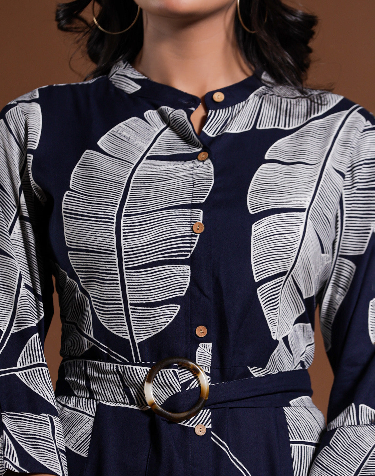 Navy Blue Cotton Silk Peonies Print Kurti With Belt