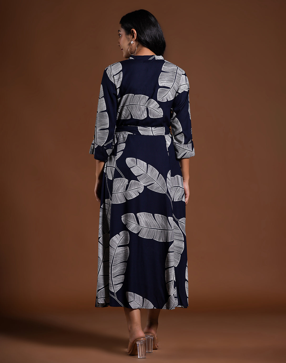 Navy Blue Cotton Silk Peonies Print Kurti With Belt