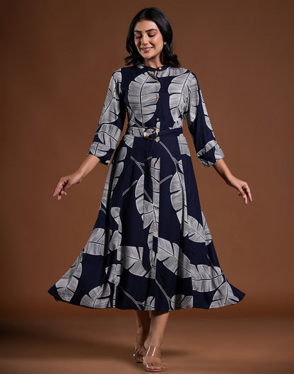 Navy Blue Cotton Silk Peonies Print Kurti With Belt