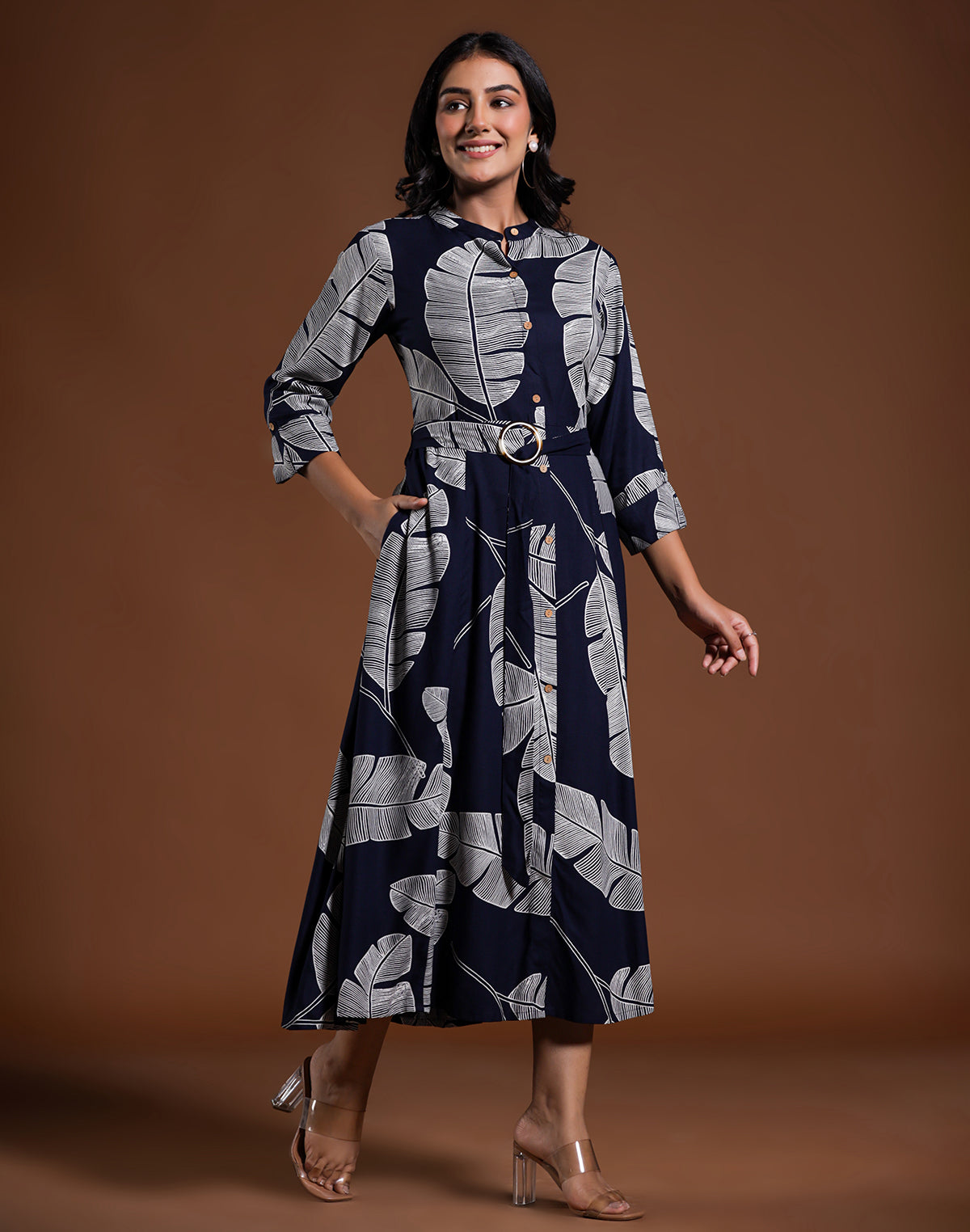 Navy Blue Cotton Silk Peonies Print Kurti With Belt