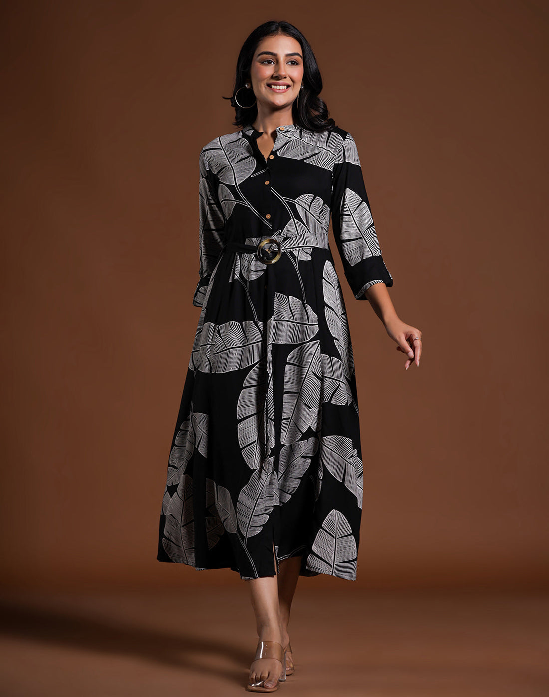 Black Coloured Cotton Silk Peonies Print Kurti With Belt