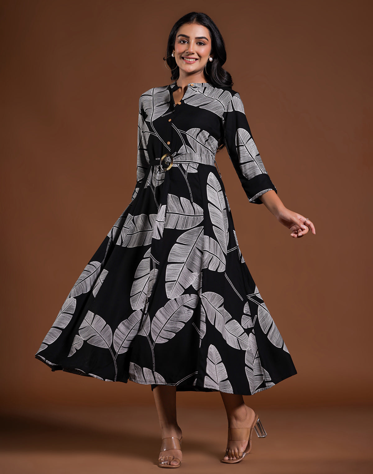 Black Coloured Cotton Silk Peonies Print Kurti With Belt