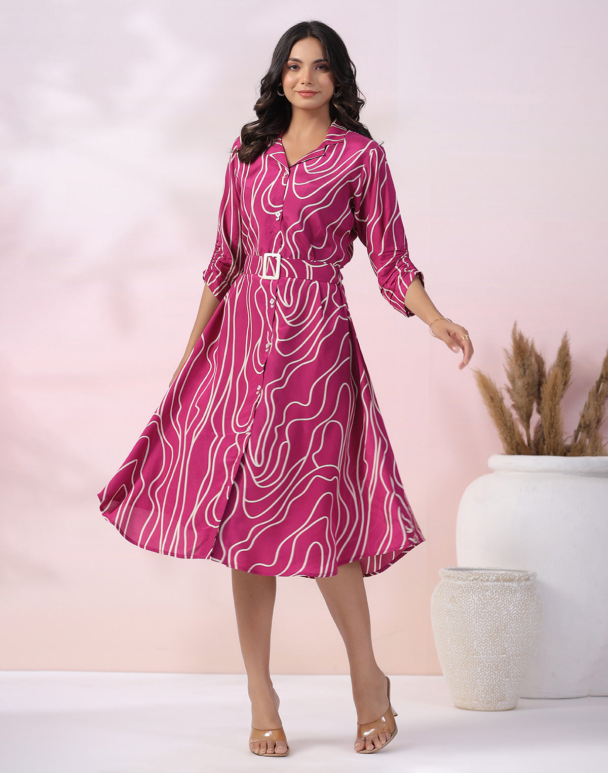 Purple Graphic Print Soft Silk Kurti With Belt