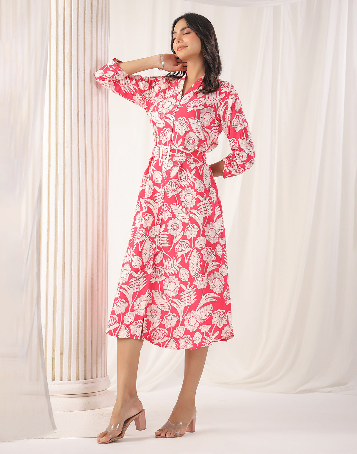 Floral Design Soft Silk Peach Coloured Kurti With Belt