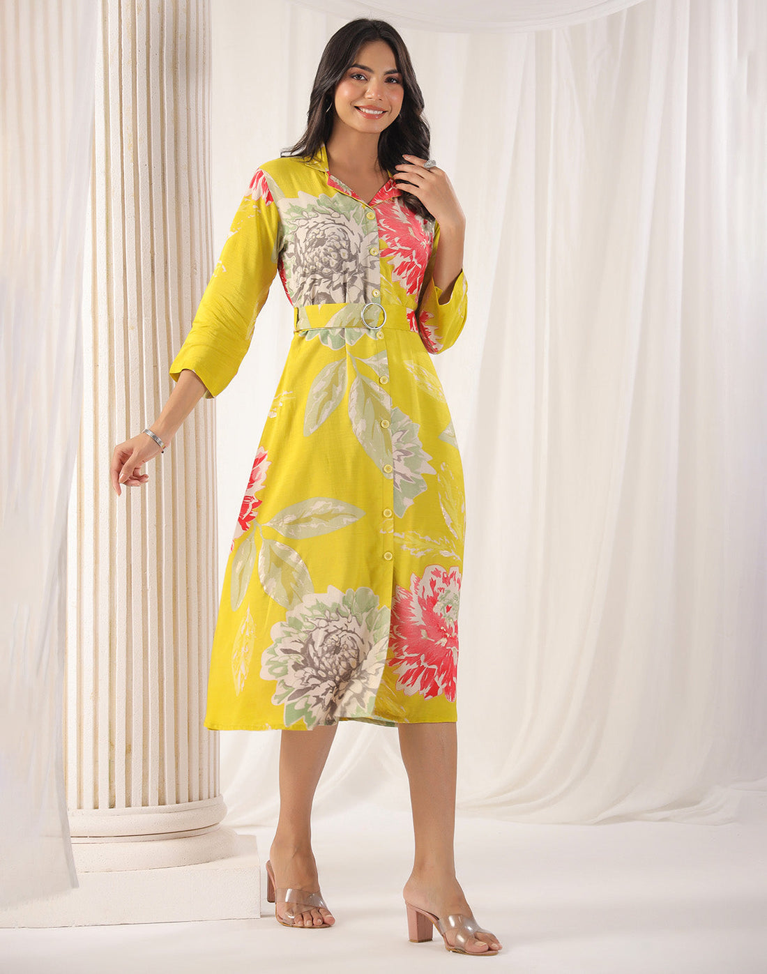 Yellow Floral Bunches Soft Silk Kurti With Belt