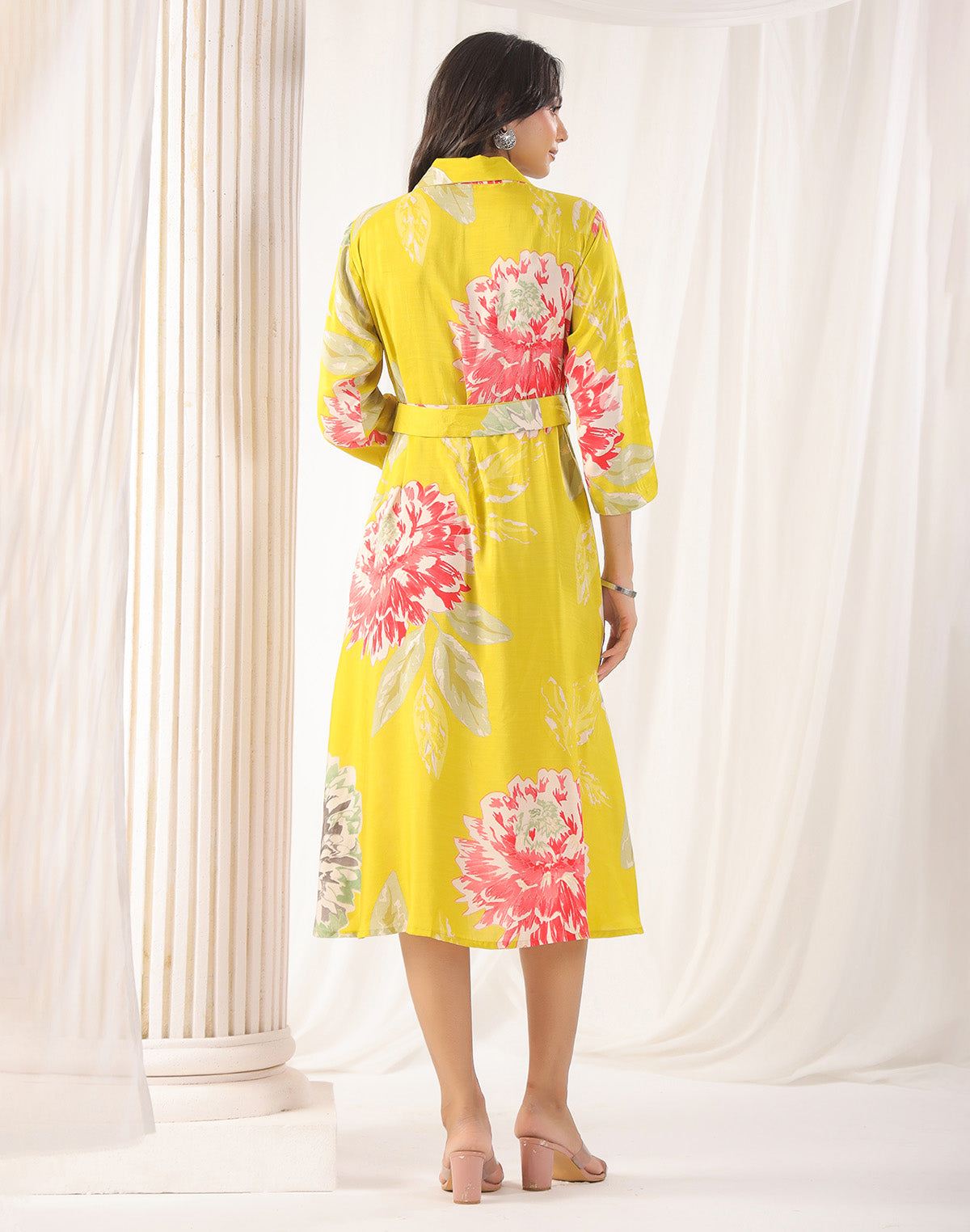 Yellow Floral Bunches Soft Silk Kurti With Belt