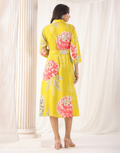 Yellow Floral Bunches Soft Silk Kurti With Belt