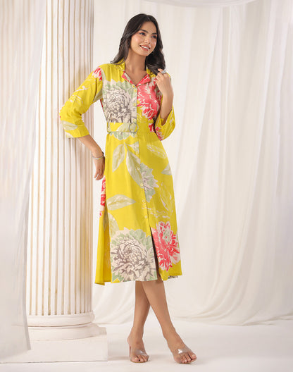 Yellow Floral Bunches Soft Silk Kurti With Belt