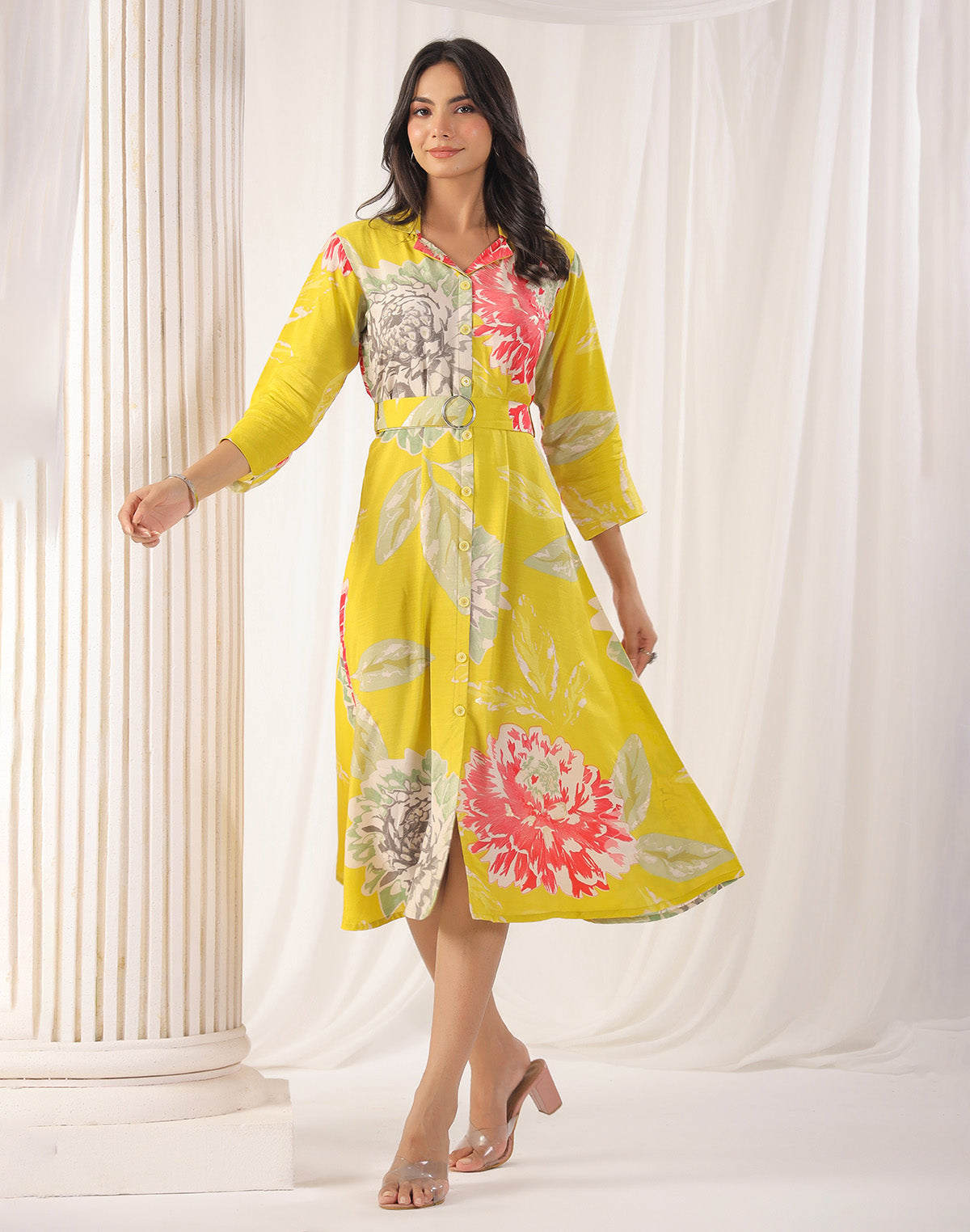 Yellow Floral Bunches Soft Silk Kurti With Belt