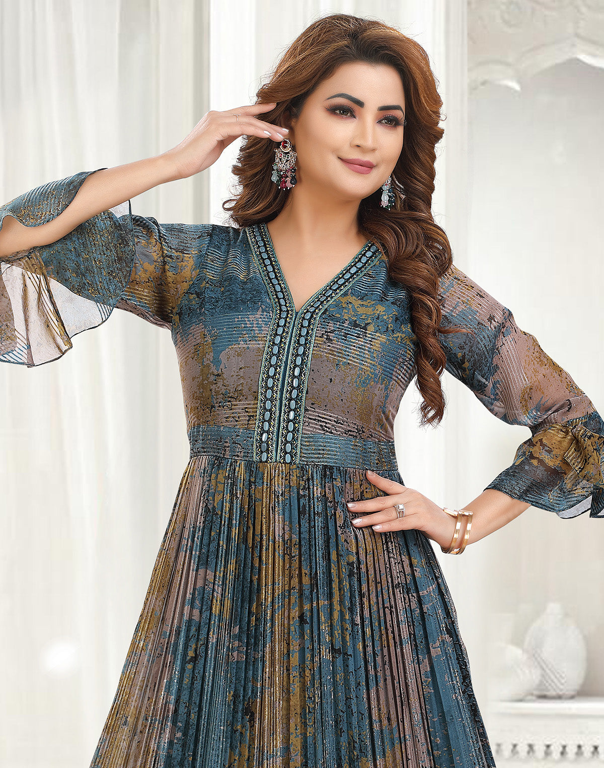 Multi Color Graphic Print Georgette Bell Sleeves Kurti