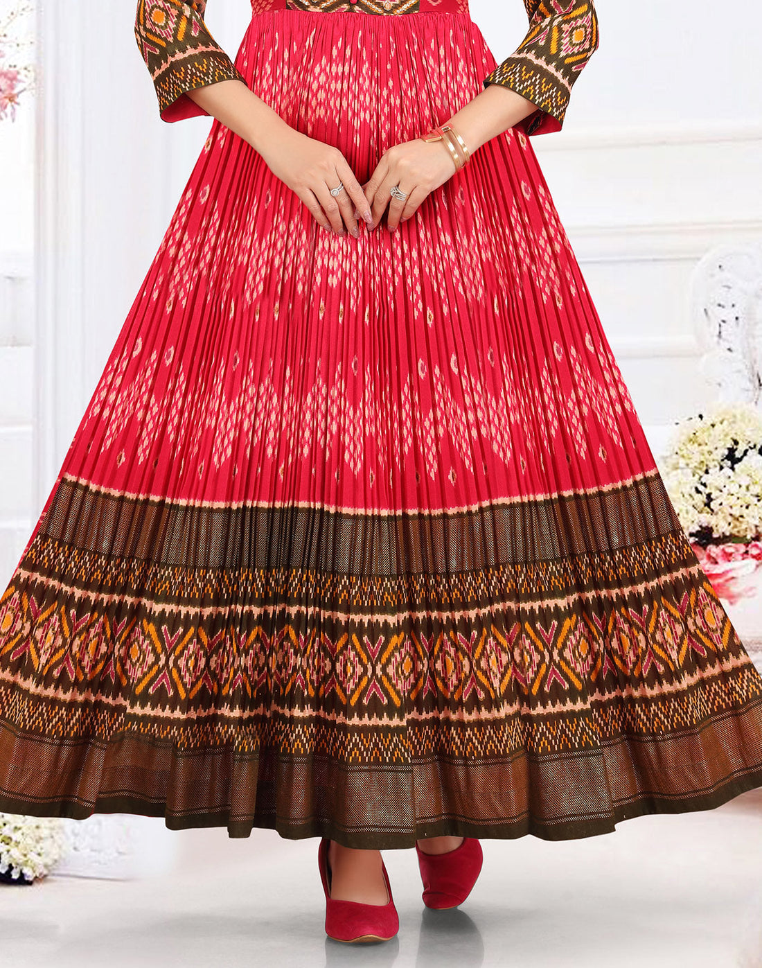 Cotton Silk Ikat Print Red Coloured Flared Dress