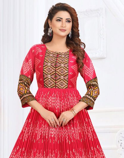 Cotton Silk Ikat Print Red Coloured Flared Dress