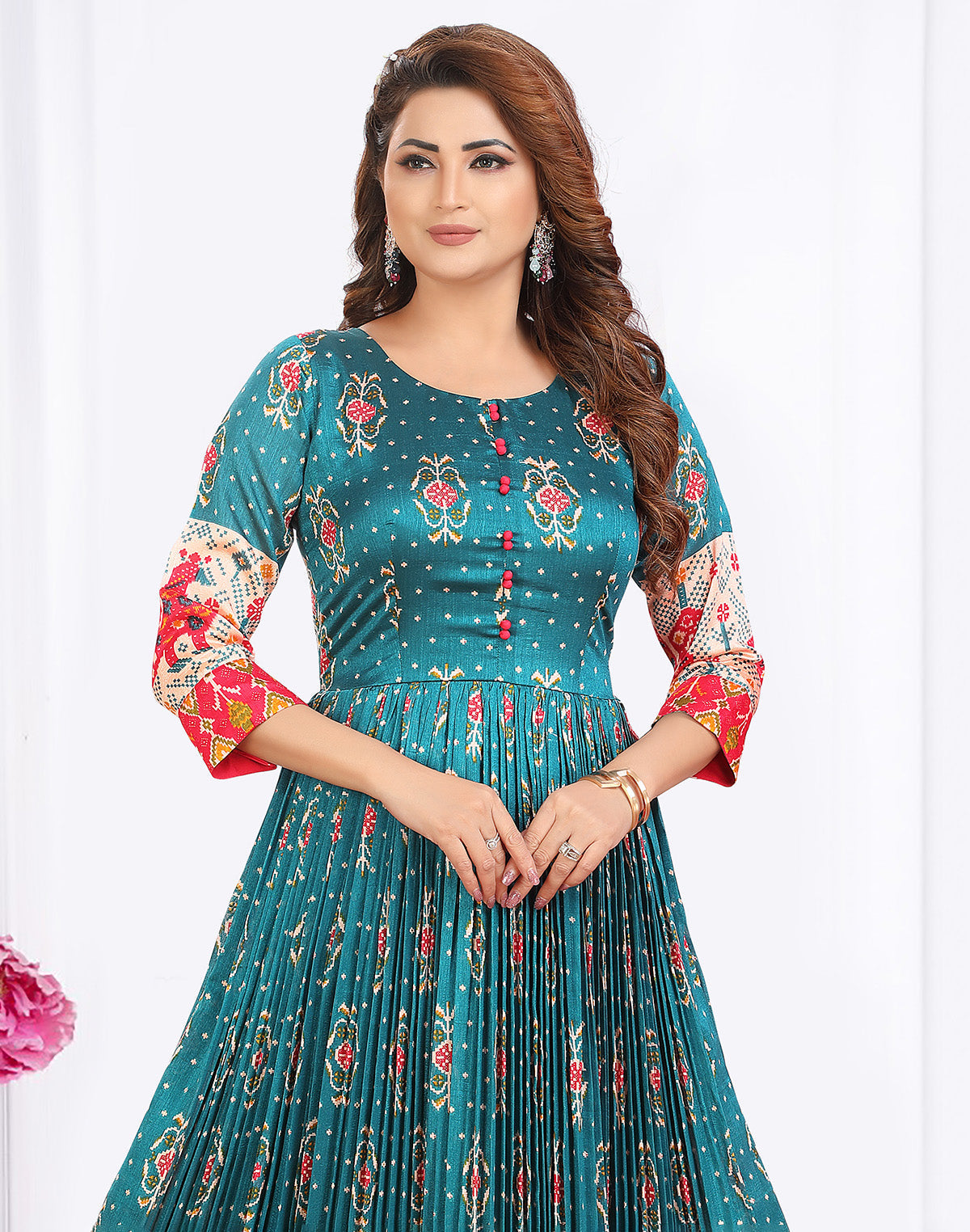 Peacock Blue Cotton Silk Ikat Print Designer Kurti