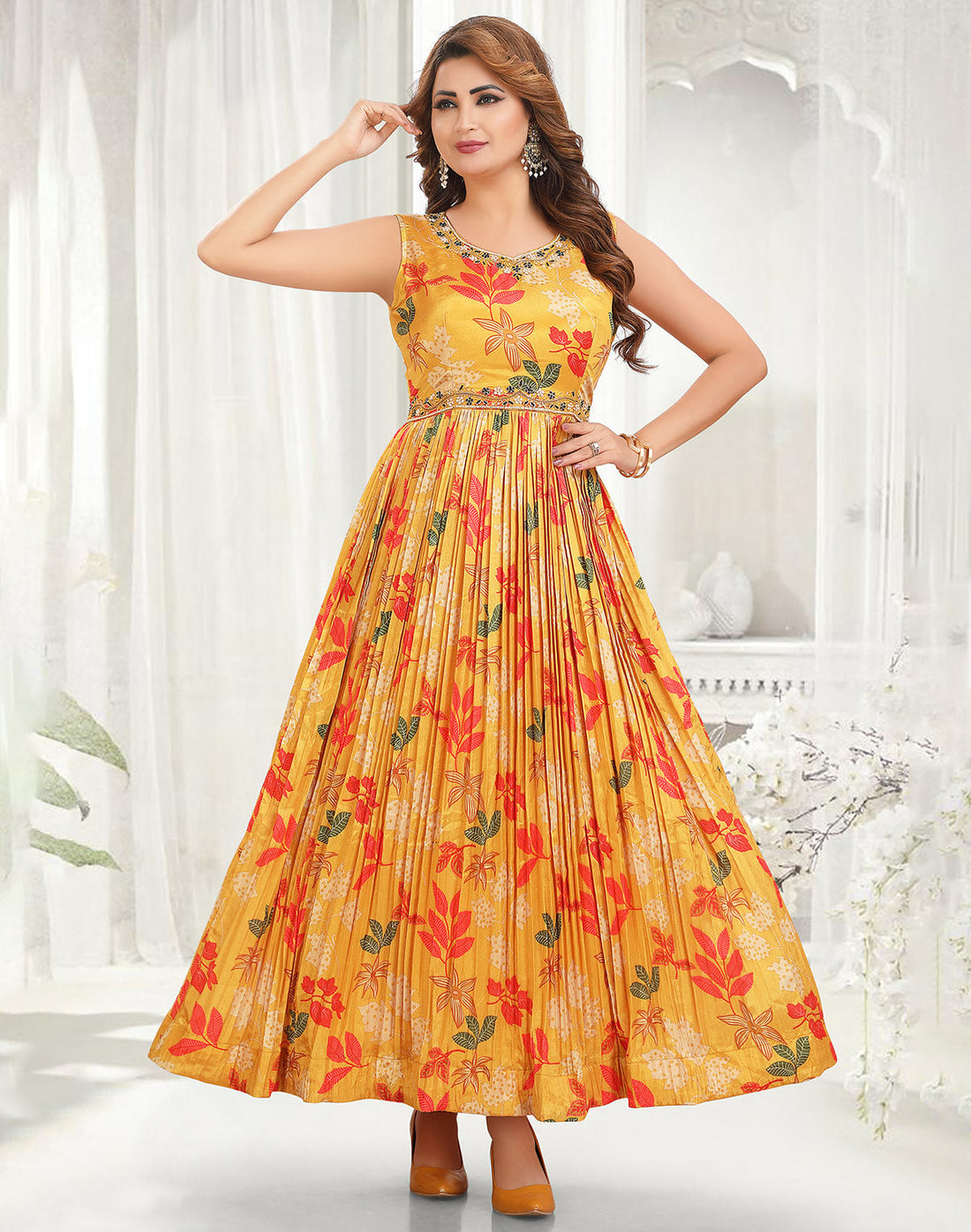 Bright Yellow Coloured Cotton Silk Long Dress