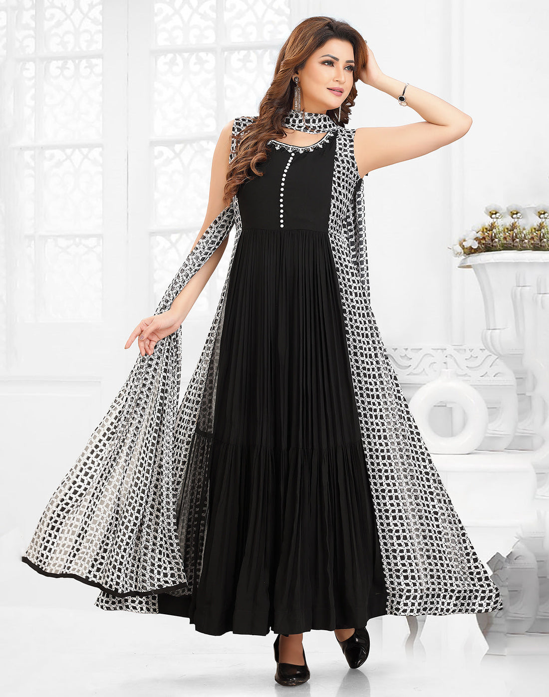 Black Flared Anarkali Georgette Party Wear Kurti with Dupatta