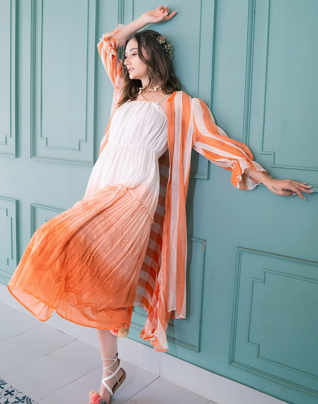 Amazing Orange Cotton Dress with Shrug