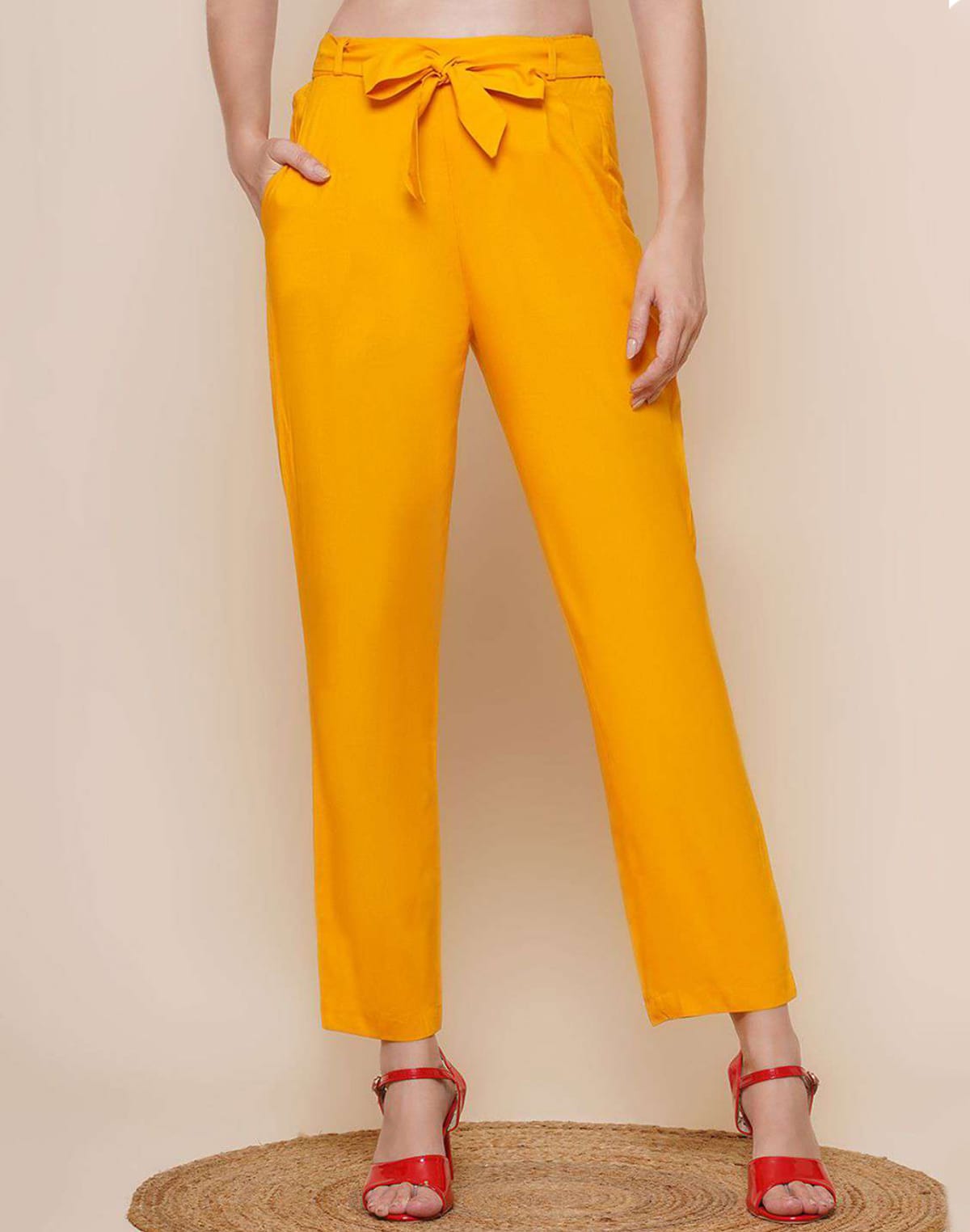 Mustard Plain Viscose Rayon Straight Pant