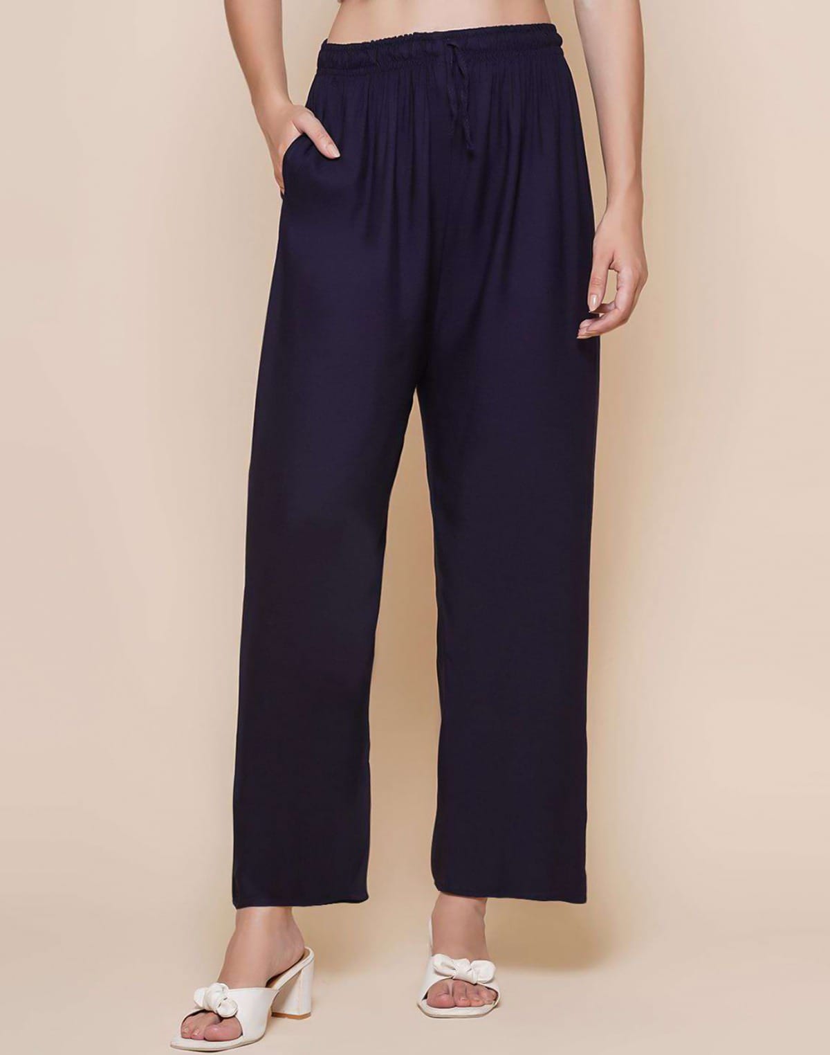 Navy Blue Plain Rayon Plazzo Pant