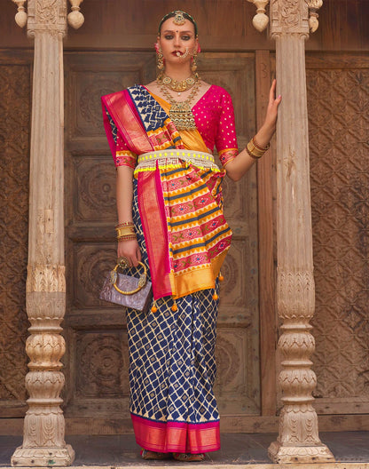 Blue Patola Silk Saree with Contrast Blouse