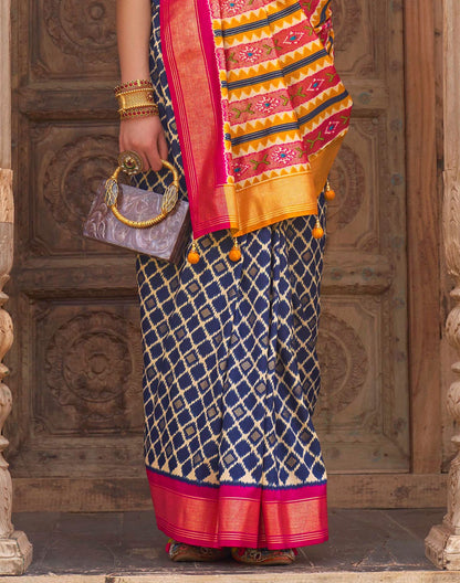 Blue Patola Silk Saree with Contrast Blouse