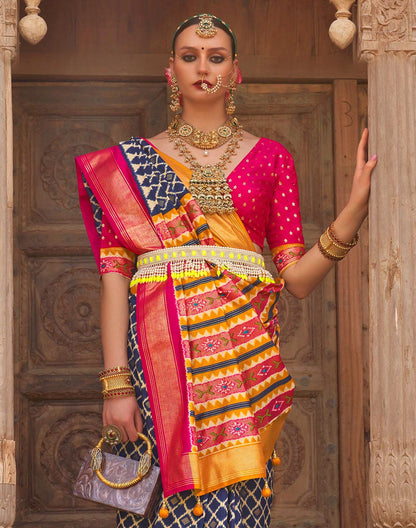 Blue Patola Silk Saree with Contrast Blouse