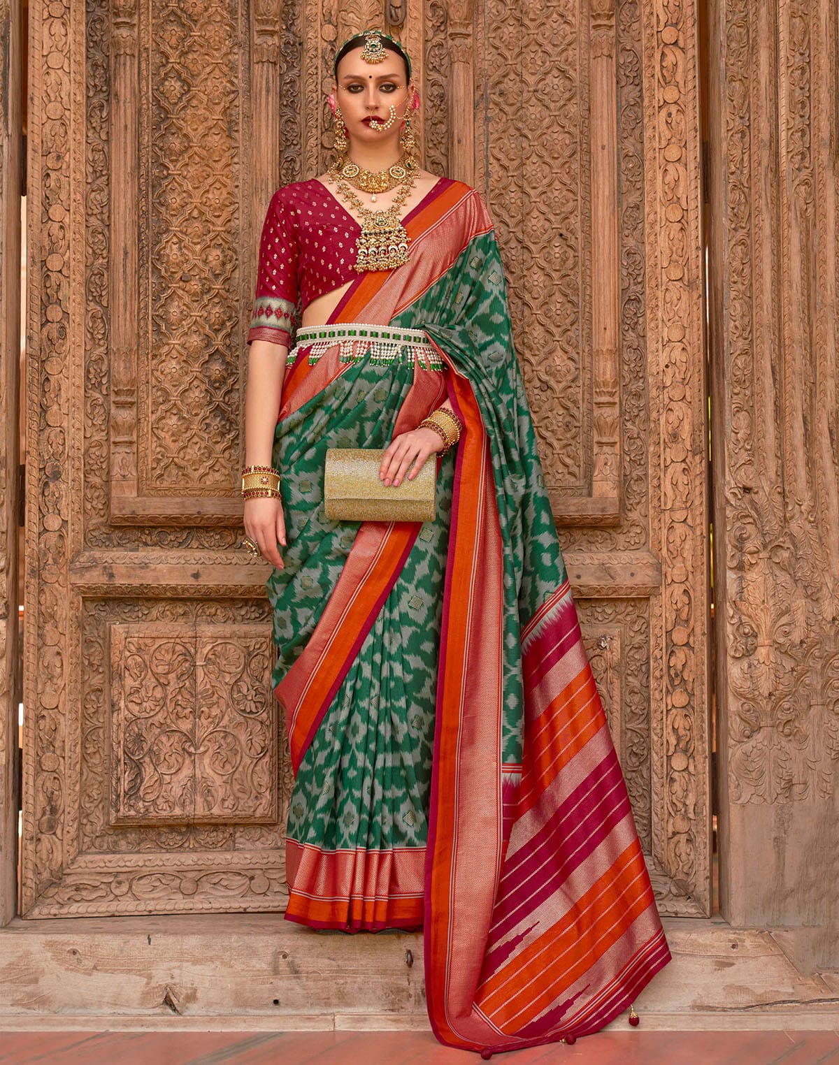 Dark Green and Maroon Patola Saree