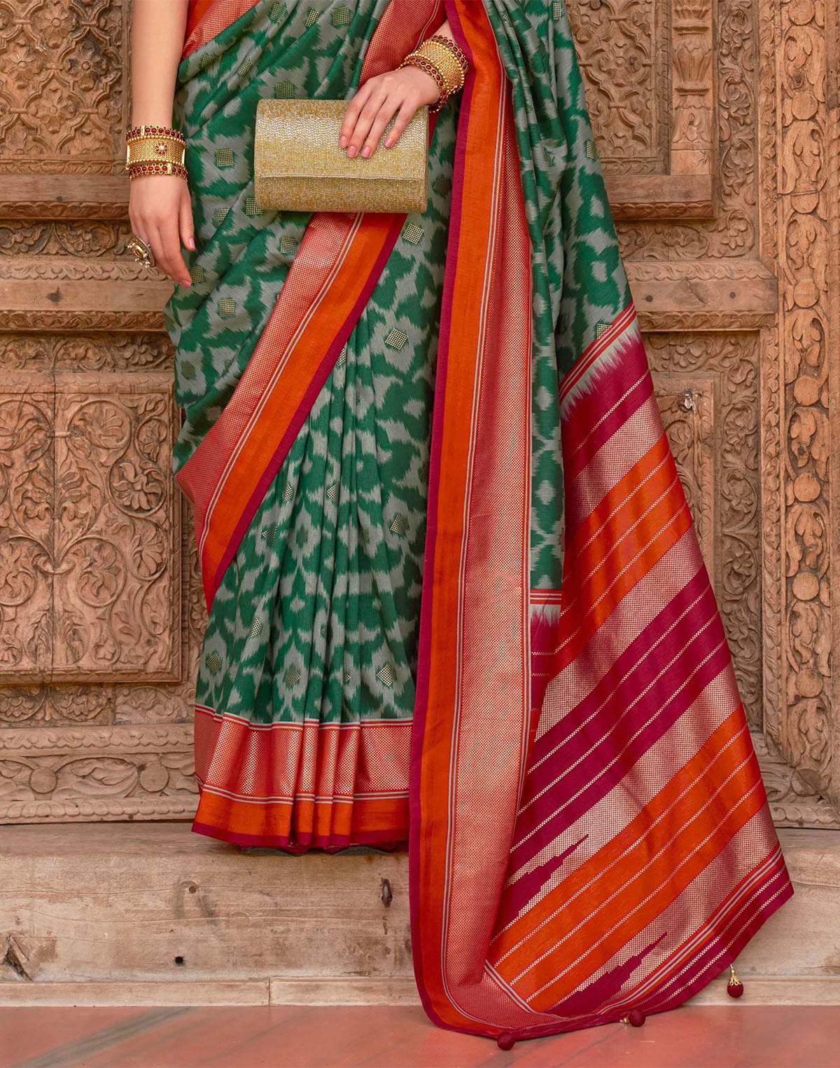 Dark Green and Maroon Patola Saree