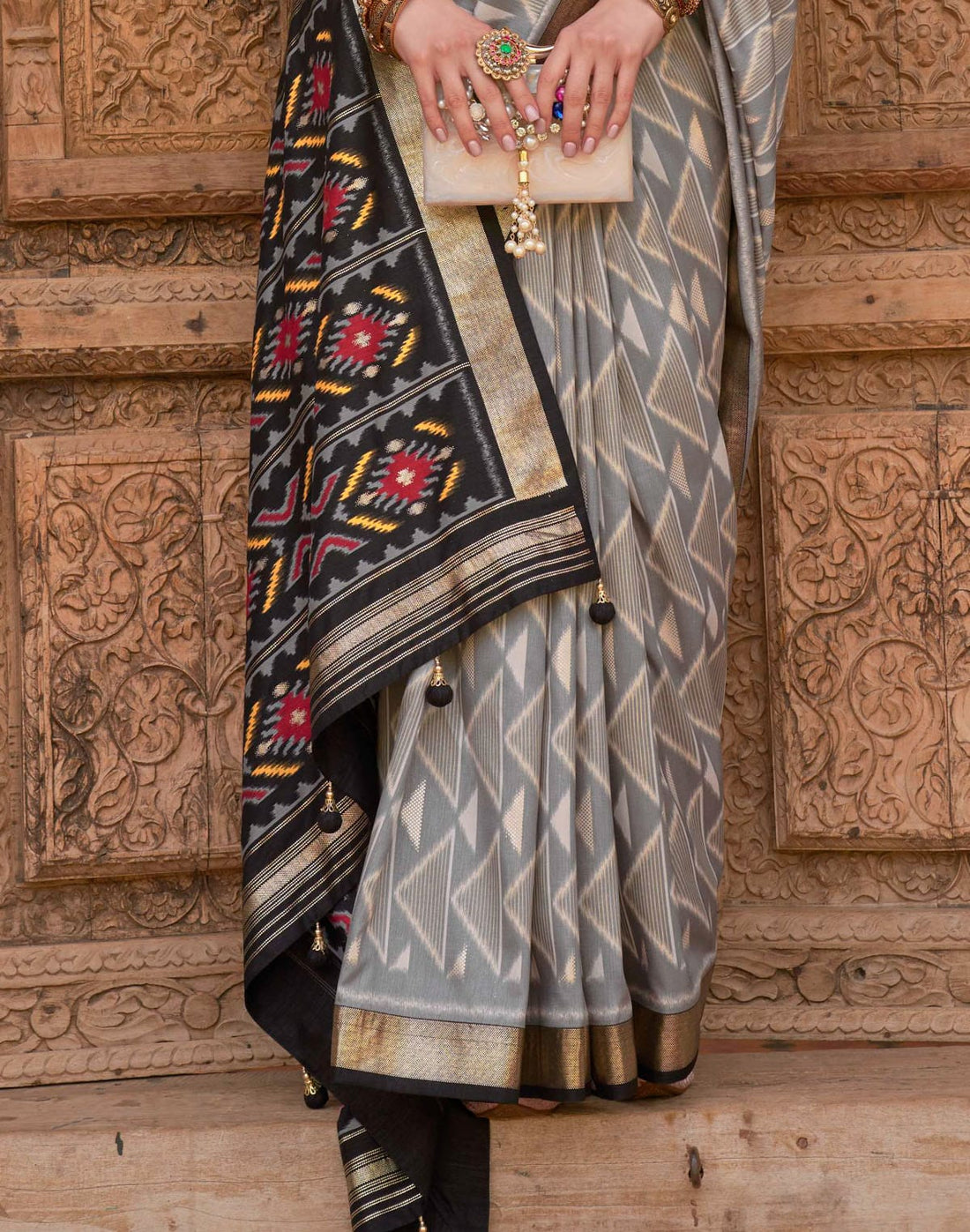 Grey and Black Patola Printed Saree